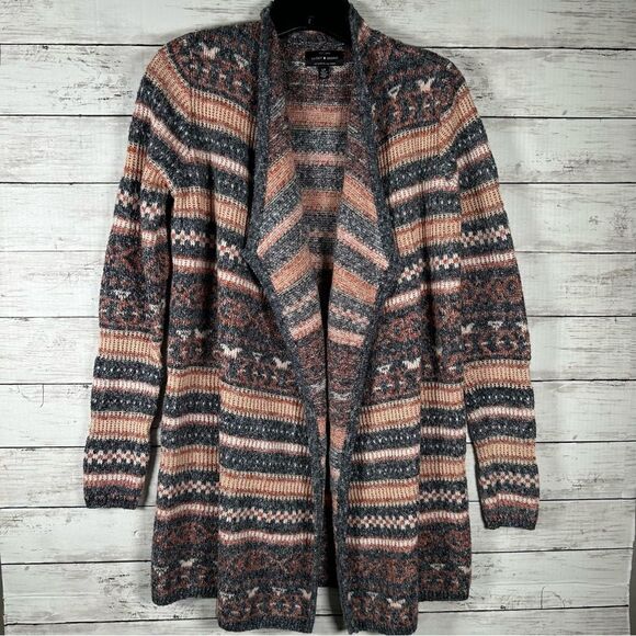 Lucky Brand Reversible Jacquard Open Front Navy Blue Peach Long Cardigan Small - Picture 4 of 9